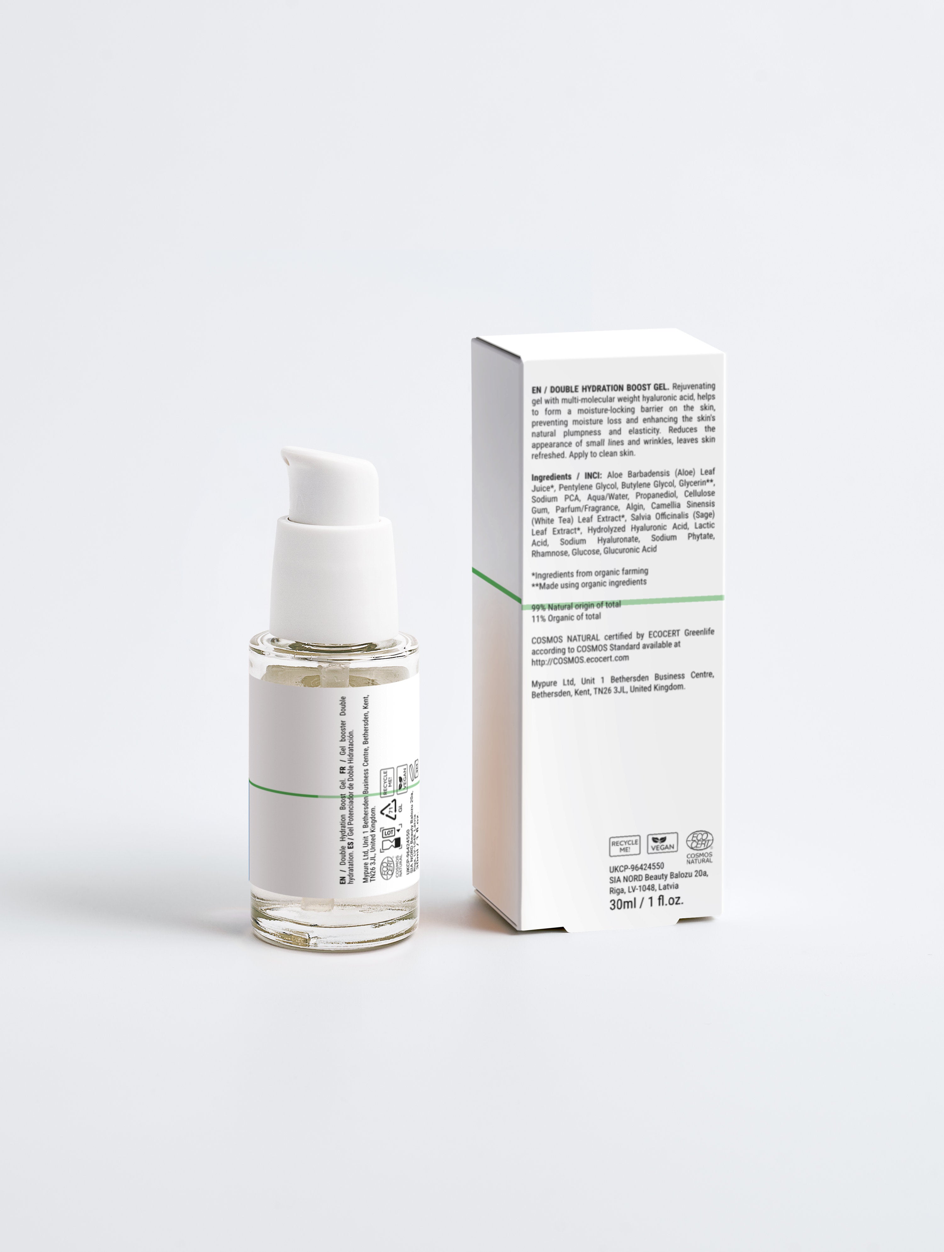 Double Hydration Boost Gel with hyaluronic acid, vegan & COSMOS Natural certified skincare in clear bottle and box