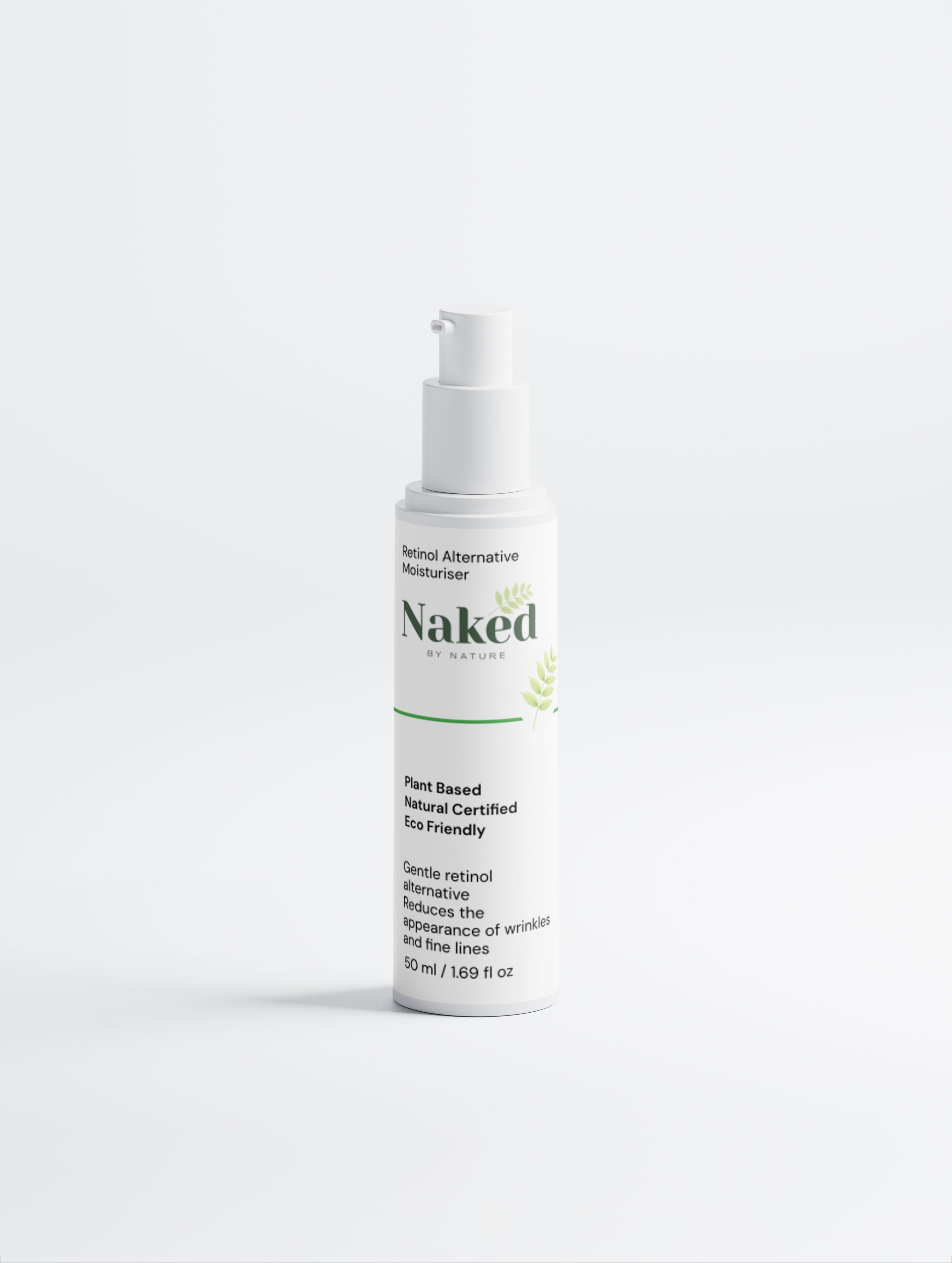 Plant-based retinol alternative moisturiser in white bottle, reduces wrinkles and fine lines, eco-friendly skincare